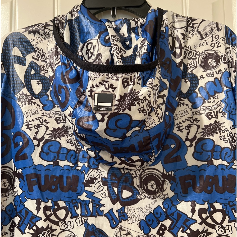 FUBU the Collection blue and white full zip Windbreaker Printed Hoodie Jacket - Picture 9 of 10
